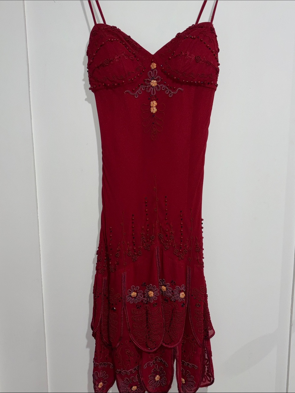 Sue Wong Deep Red Beaded Spaghetti-Strap Mini Dress
